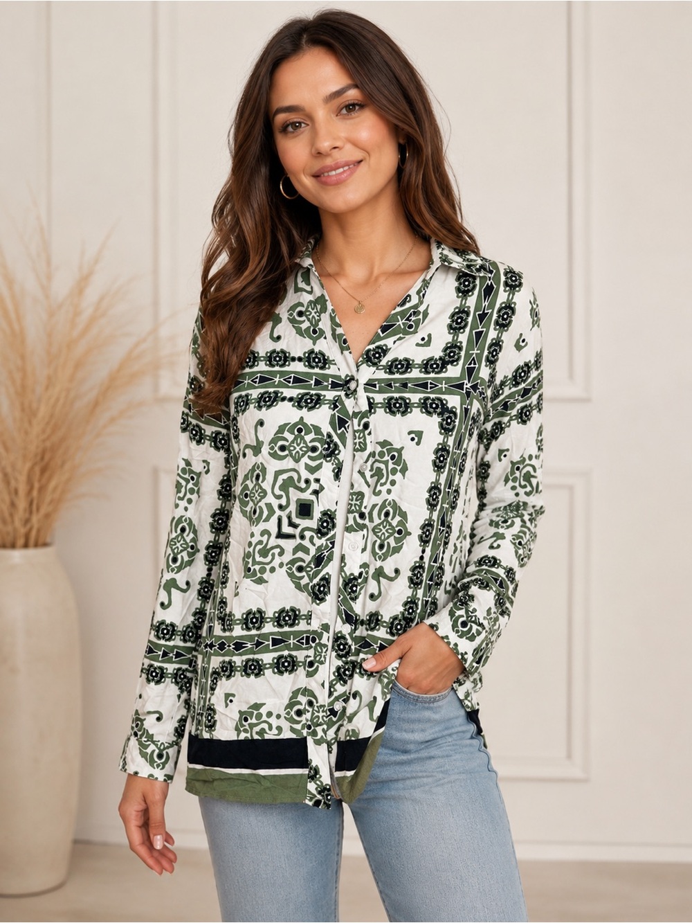 Printed Green and White Button-Front Women's Blouse